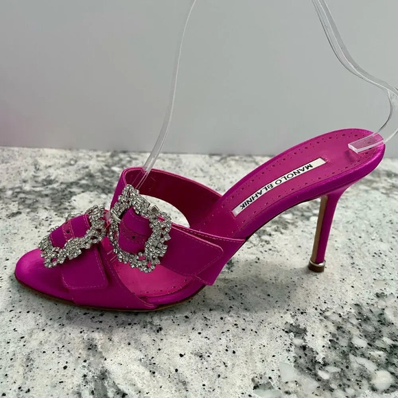 Manolo Blahnik Mulussanhan Mules Sandals Satin Crystal Buckle Pink Size 38.5 - Picture 8 of 16